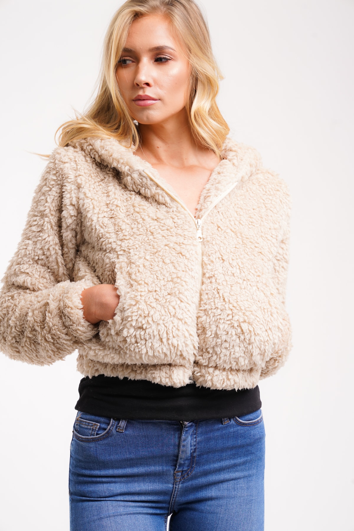 Full Zip Hooded Teddy Crop Jacket | Affinity Wholesale Fashion